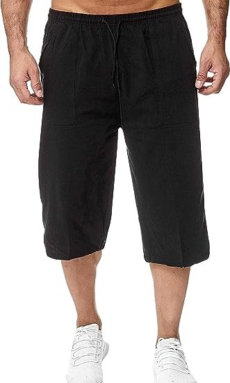 Men's Long Linen Knee Pocketed 3/4 Summer Drawstring Capri Pant