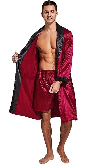 Men’s Satin Robe Lightweight Long Sleeve Silk Kimono Bathrobe with Shorts Set Sleepwear