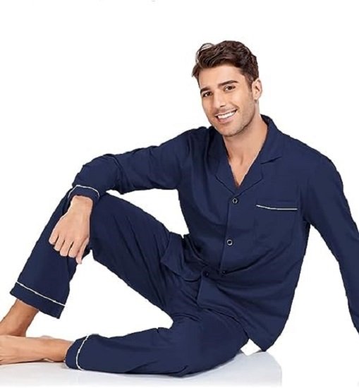Mens 100% Cotton Pajamas Set Button Down  Knit Men's Sleepwear Adult Long Sleeve Loungewear