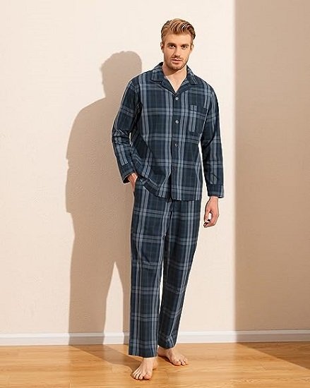 Men's Pajama Set Long Sleeve with Pocket Woven Cotton Knit Plaid Button-Down